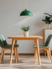 Cozy Minimalist Interior With Wooden Dining Table, Chairs, and Bookshelves in a Sunlit Room During the Daytime