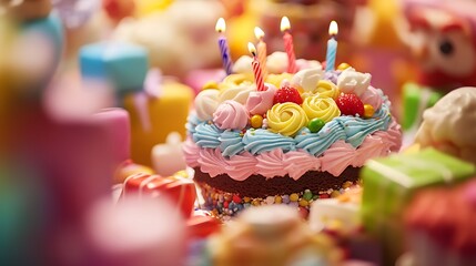 Colorful birthday cake with lit candles surrounded by gifts and sweets.