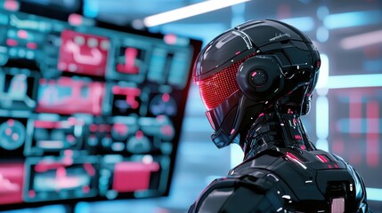Fototapeta premium A towering humanoid AI commander in advanced black battle armor, wearing a tactical cybernetic helmet with glowing red optical sensors, standing