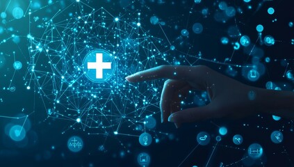Hand interacting with healthcare network in digital space