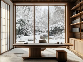 A Modern Wooden Office Interior Overlooking a Snowy Winter Scene
