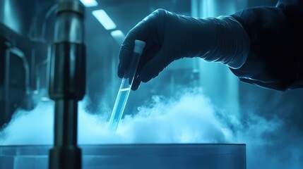 Scientist Placing Test Tube into Liquid Nitrogen Cryostorage for Preservation