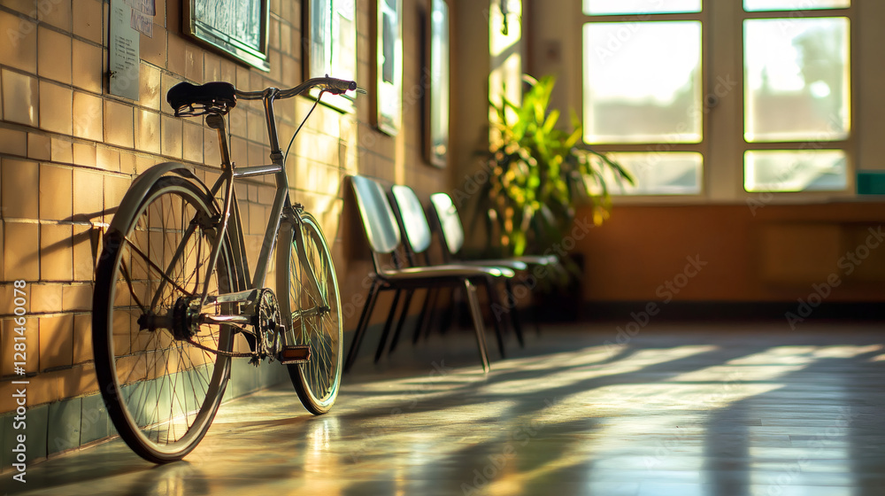 Poster old bicycle parked in a waiting room with chairs and natural light coming through window, creating a