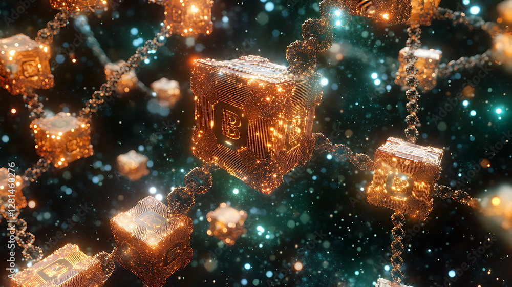 Poster stunning 3d render of glowing golden cubes linked by chains, symbolizing blockchain technology. perf