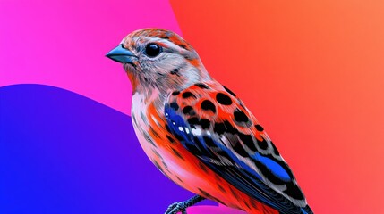 Colorful Bird Portrait. A vibrantly colored bird with orange, red, and blue plumage sits against a gradient background of pink, purple, and orange hues.