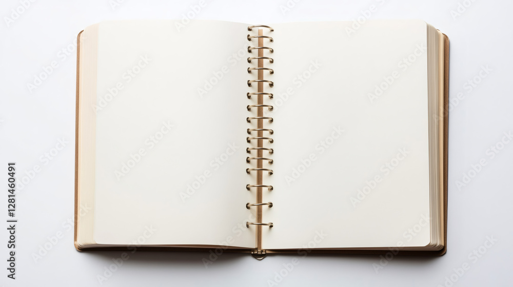 Poster spiral-bound notebook lying open, white pages ready for creative writing, sketching, or personal not