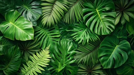Elegant tropical leaf wallpaper with luxurious ferns and palm fronds, intricate pattern design featuring lush greenery and rich textures 