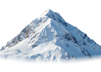 Snowy single mountain peak isolated on white, scenic snow-capped mountain on white background, Cut Out