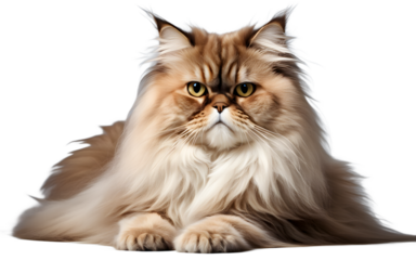 A fluffy Persian cat with long, silky fur lounging, isolated on a empty plain background