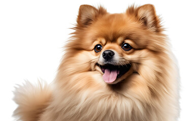 Obraz premium A fluffy Pomeranian dog with a happy expression, isolated on a empty plain background