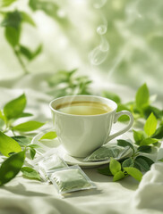 Calming Green Tea Cup with Fresh Leaves and Antioxidant Symbols in Soft Natural Light
