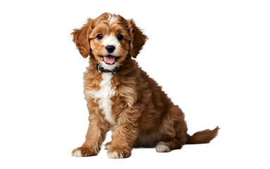 A happy Cavapoo puppy with curly fur wagging its tail, isolated on a empty plain background