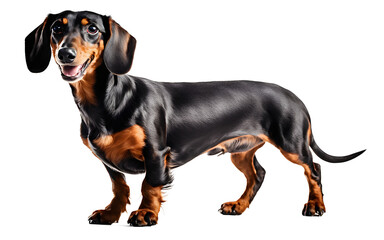 A happy Dachshund with a long body and short legs, isolated on a empty plain background