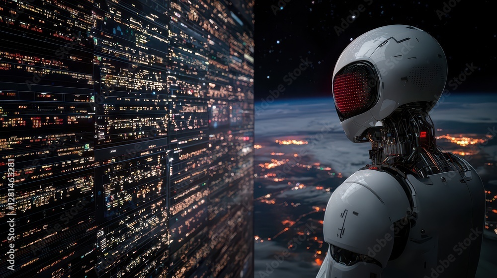 Fototapete Robot in Space with Data Visualization Background