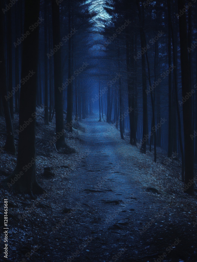 Poster serene forest path illuminated by moonlight through tall trees creating a mystical atmosphere and a 