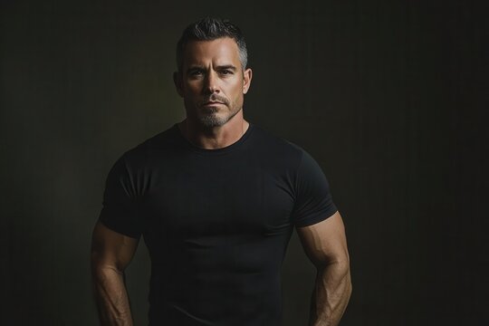 a rugged man in black tshirt photographed against neutral backdrop dramatic lighting emphasizing muscular physique high contrast studio portrait with clean minimalist style