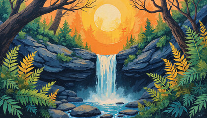 Fototapeta premium Ethereal waterfall cascading in woodland at sunrise, natural beauty