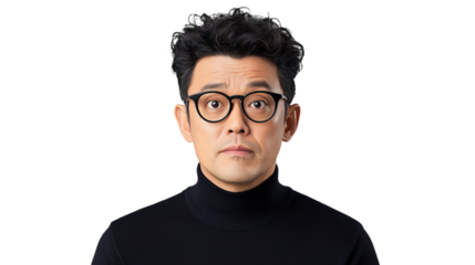 A man wearing a black turtleneck sweater and glasses stares at the camera with a slightly surprised expression. His dark curly hair and intense gaze complete the look.