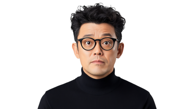 A man wearing a black turtleneck sweater and glasses stares at the camera with a slightly surprised expression. His dark curly hair and intense gaze complete the look.