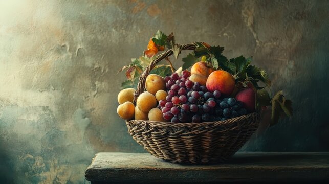 Grapes, Oranges, and Peaches in a Wicker Basket