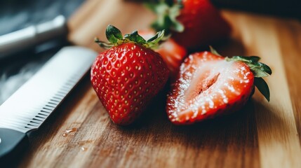 Freshly Sliced Strawberries on Wooden Cutting Board