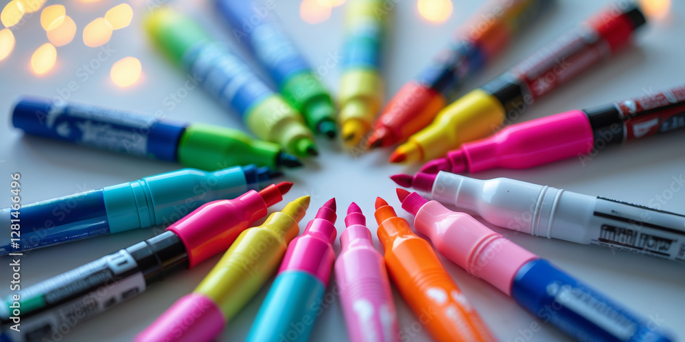 Poster colorful assortment of markers arranged in a circular pattern around a bright surface