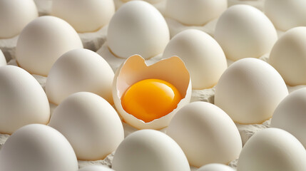 A box containing a mix of one broken egg and several unbroken white eggs.