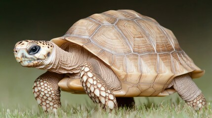 Obraz premium Young tortoise walking on grass, nature background, wildlife photography