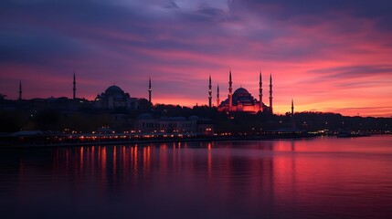 Fototapeta premium Magnificent Blue Mosque Silhouette Reflected in the Serene Waters of Istanbul at Dramatic Sunset Iconic Landmark of Turkey Glowing in Vibrant Hues of Twilight