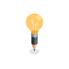 isometric vector pencil with a light bulb icon, in color on a white background, idea generator or creative