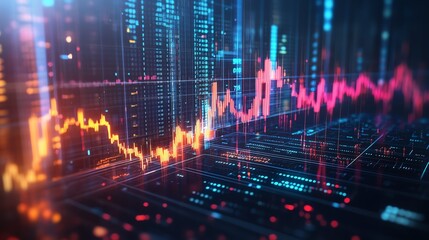 A stunning 3D stock market visualization featuring an illuminated financial graph, rising profit indicators, and dynamic money exchange data