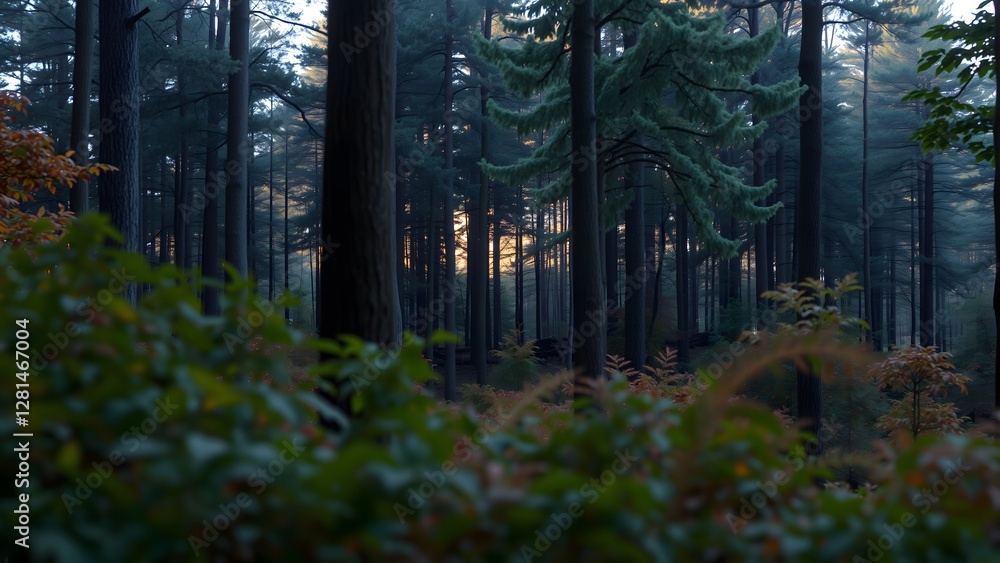 Poster a tranquil forest scene at dusk, with tall trees and lush undergrowth bathed in the soft glow of the