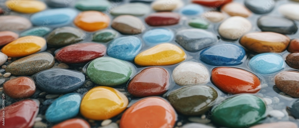 Poster colorful river stones in shallow water creating a serene and reflective surface with a smooth and po