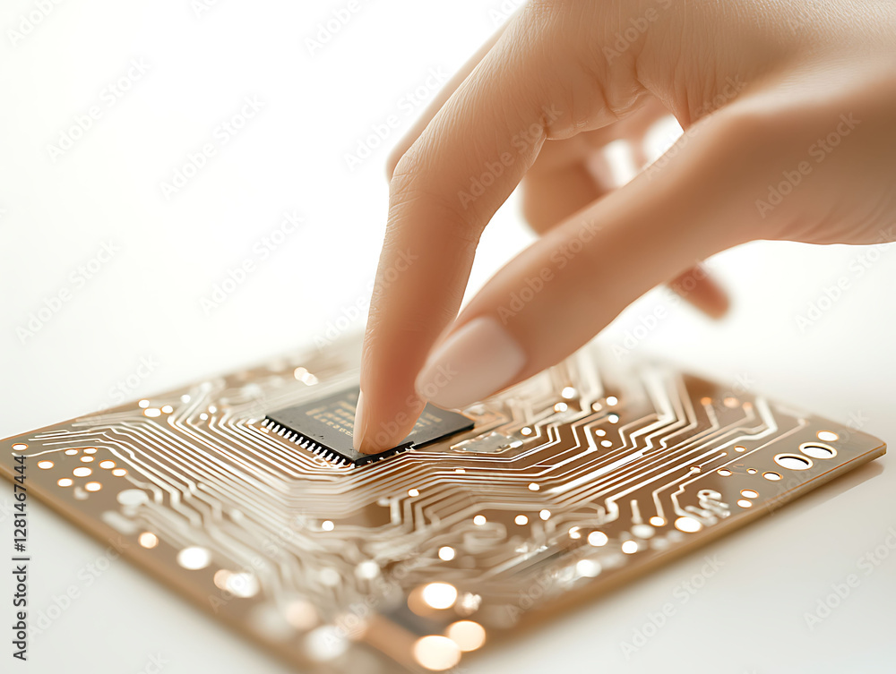 Poster closeup of a hand gently touching a microchip on a circuit board. this image symbolizes technologica