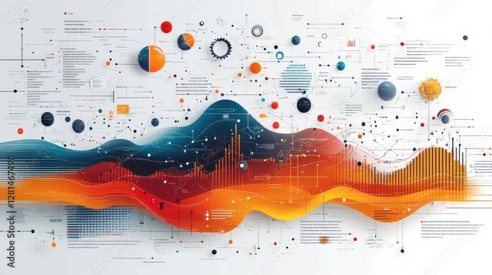 Poster abstract visualization of data trends and scientific concepts with vibrant colors and shapes