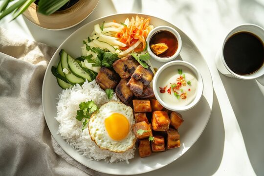 A delicious filipino breakfast featuring adobo with rice and egg, representing an authentic taste of international breakfasts. Perfect for food enthusiasts!