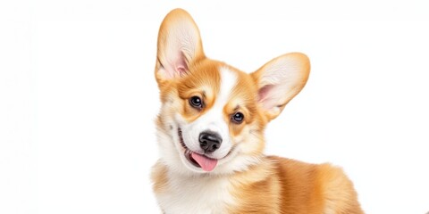 A brown and white corgi puppy is smiling on a white background