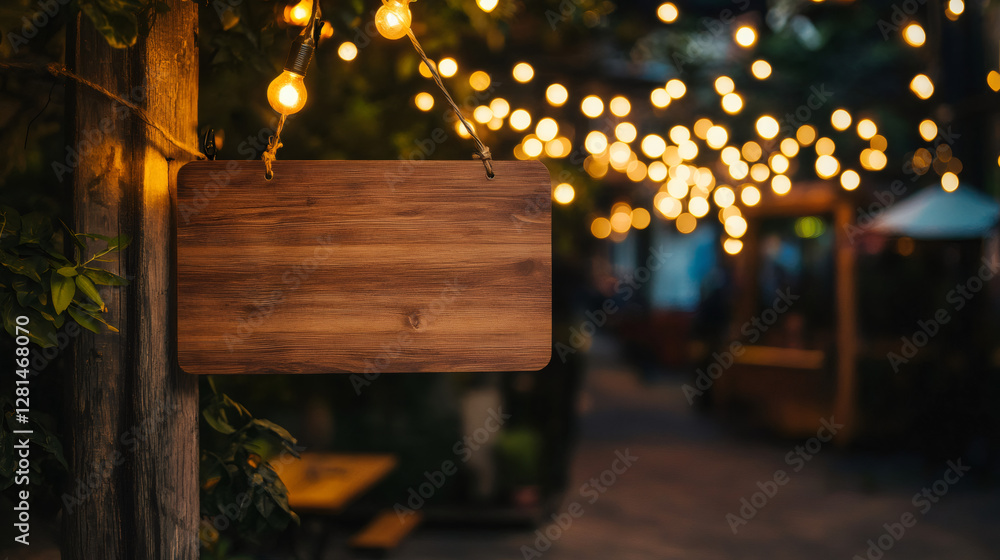 Poster wooden sign illuminated by string lights hanging in a cozy outdoor restaurant, perfect for adding cu
