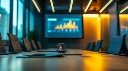 Modern conference room with large screen displaying financial data.