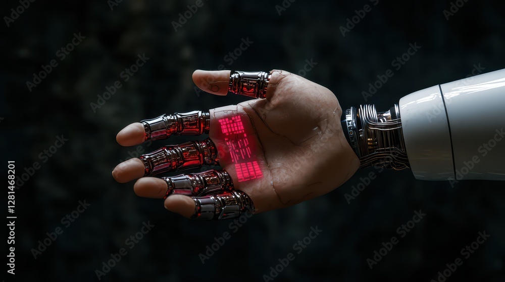 Poster futuristic robotic hand with digital interface display
