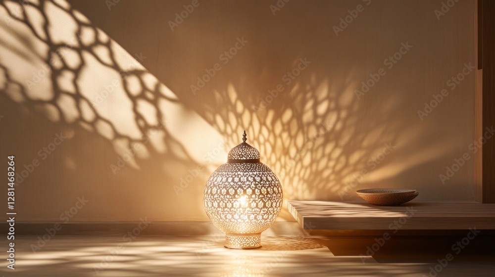Poster Delicate light from a beautifully designed Muslim lantern fills the space, creating intricate patterns on the wall, enhancing the tranquil atmosphere of the room.
