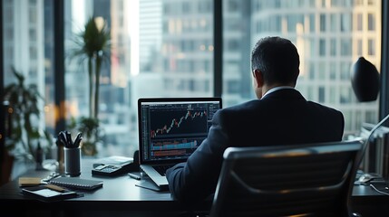 Businessman reviewing stock market data on laptop in modern office overlooking cityscape.