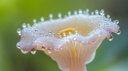 Dew-covered mushroom with delicate, translucent cap and stem.