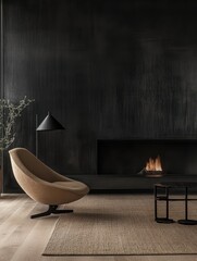 A cozy modern living room with a fireplace and chair