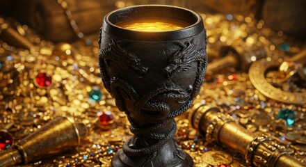 Obraz premium Dragon-engraved goblet atop a treasure hoard of gold and precious gems