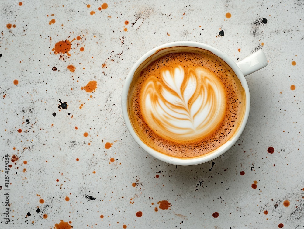 Poster top view of creamy latte art in white cup with coffee stain on white rustic background creating warm