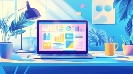 Sunlit workspace with laptop displaying data analytics, plants, and office supplies.