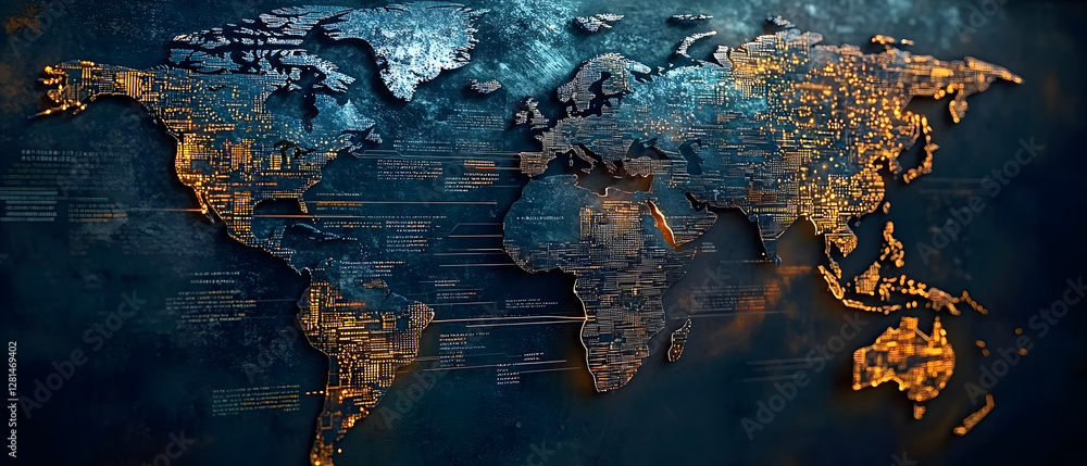 Poster digital world map with data visualization elements in a futuristic design.