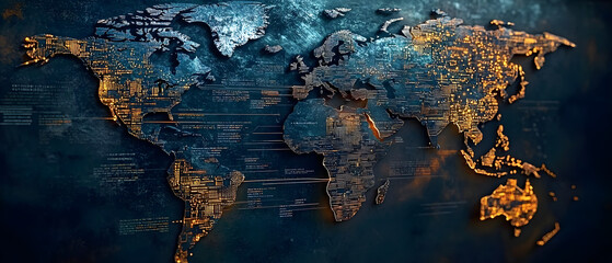 Digital world map with data visualization elements in a futuristic design.