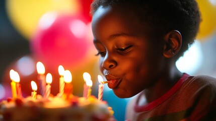 A joyful young boy blows out the candles on his birthday cake.